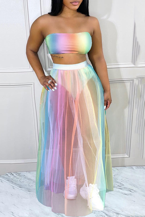 Rainbow Bandeau Top & Mesh Long Skirt Set