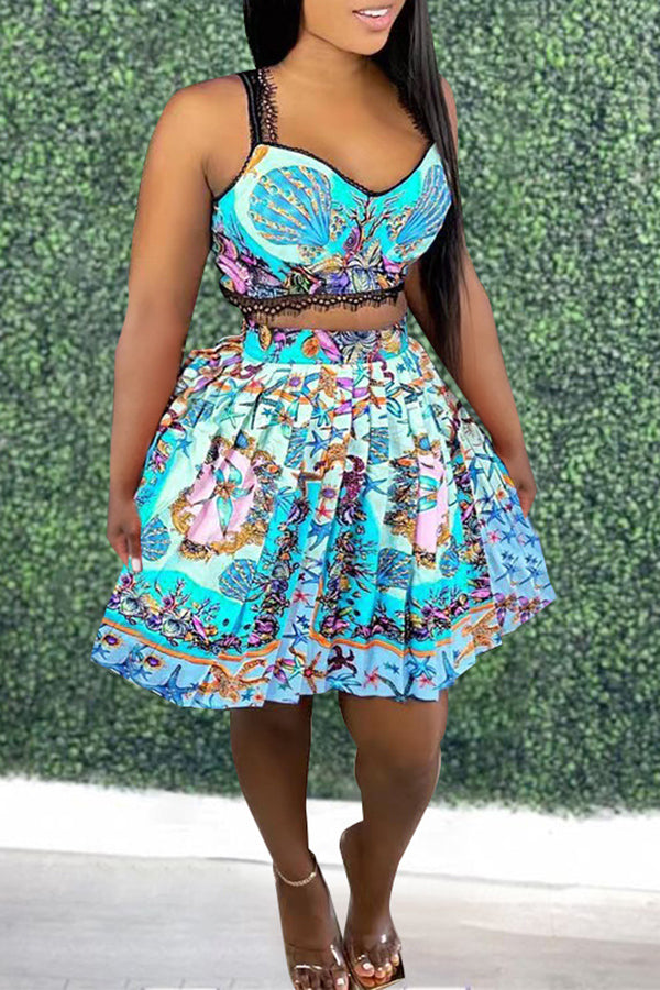 Lace Trim Printed Camisole & Pleated Skirt Set