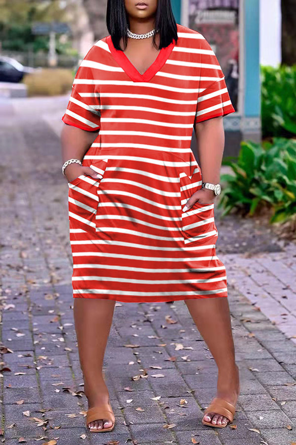 V-neck Striped Side Pocket Plus Size Mini Dress