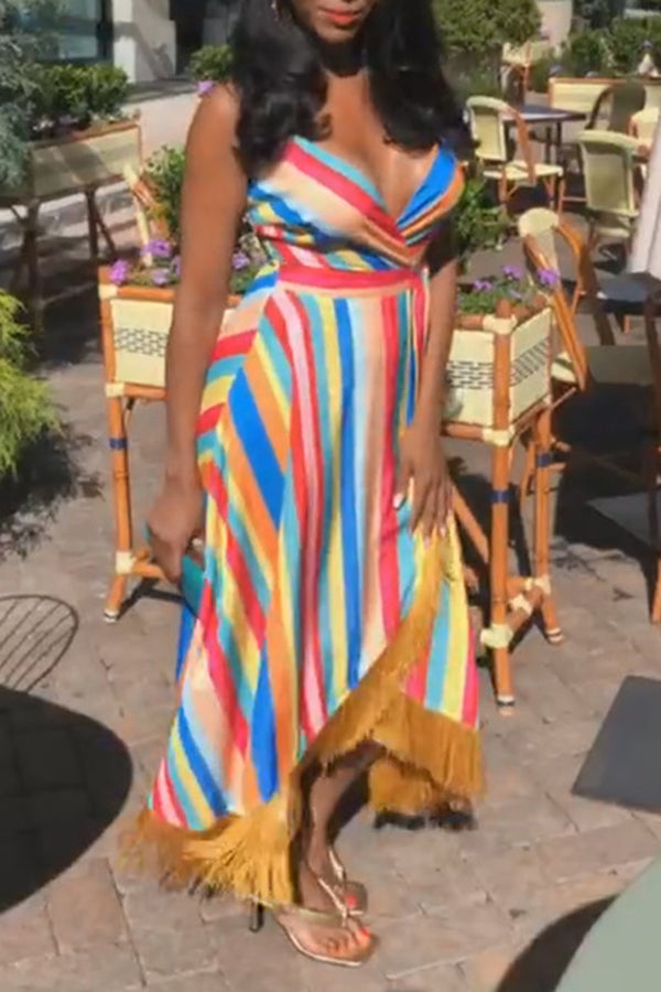 Summer Multi Striped Tassels Hem Maxi Dress
