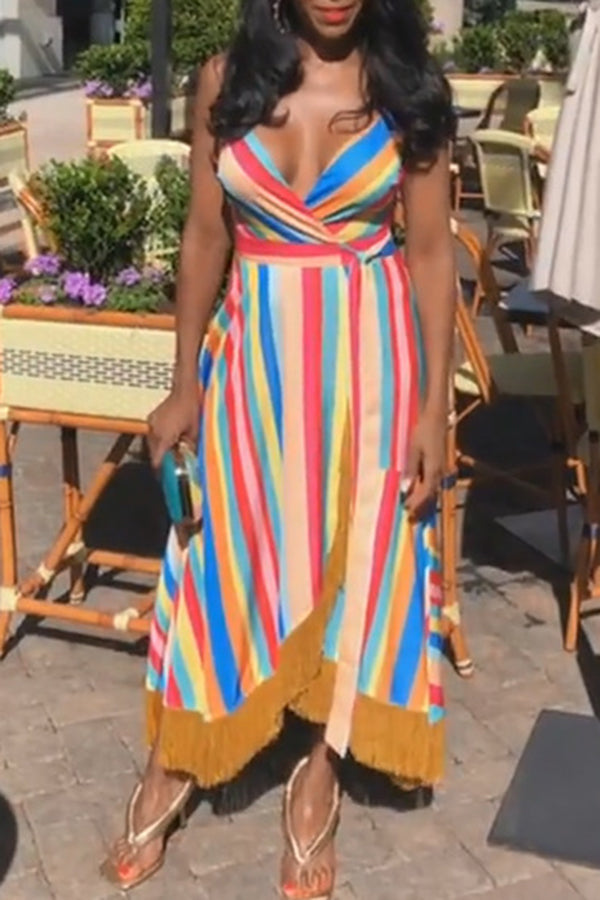 Summer Multi Striped Tassels Hem Maxi Dress