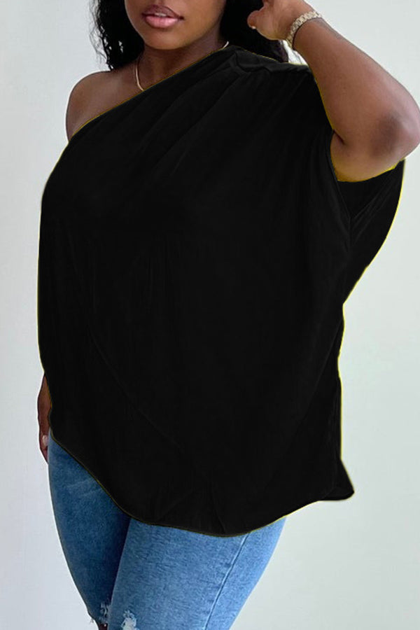 One Shoulder Batwing Sleeve Plain T-shirt