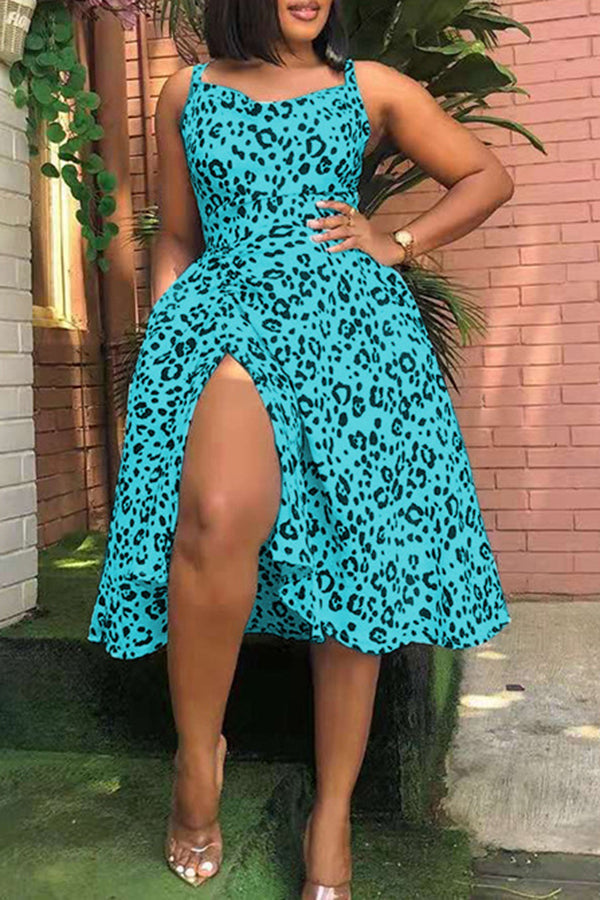 Sexy  Leopard Print Spaghetti Drawstring Slit Midi Dress