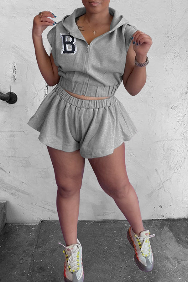 Letter Embroidery Zip Collar Hoodie & Ruffle Shorts Set