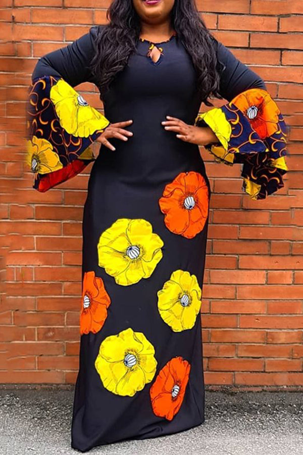 Floral Printed Bell Sleeve Plus Size Maxi Dress