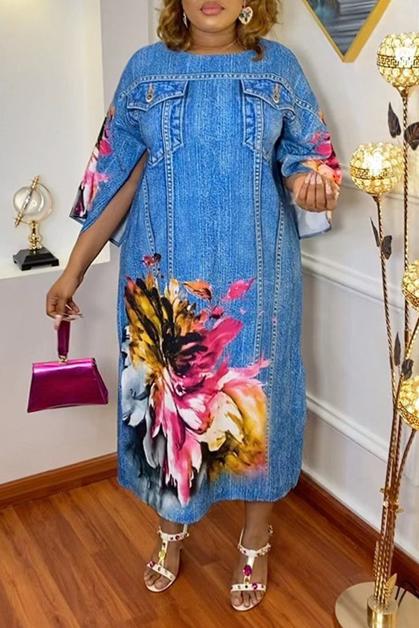 Plus Size Slit Sleeve Floral Maxi Dress
