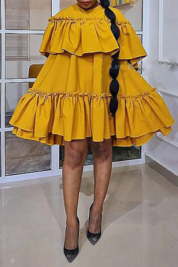 Sweet Solid Color Ruffle Tiered Plus Size Midi Dress