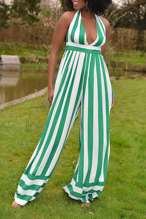 Sexy Halter Backless Striped Wide Leg Jumpsuit