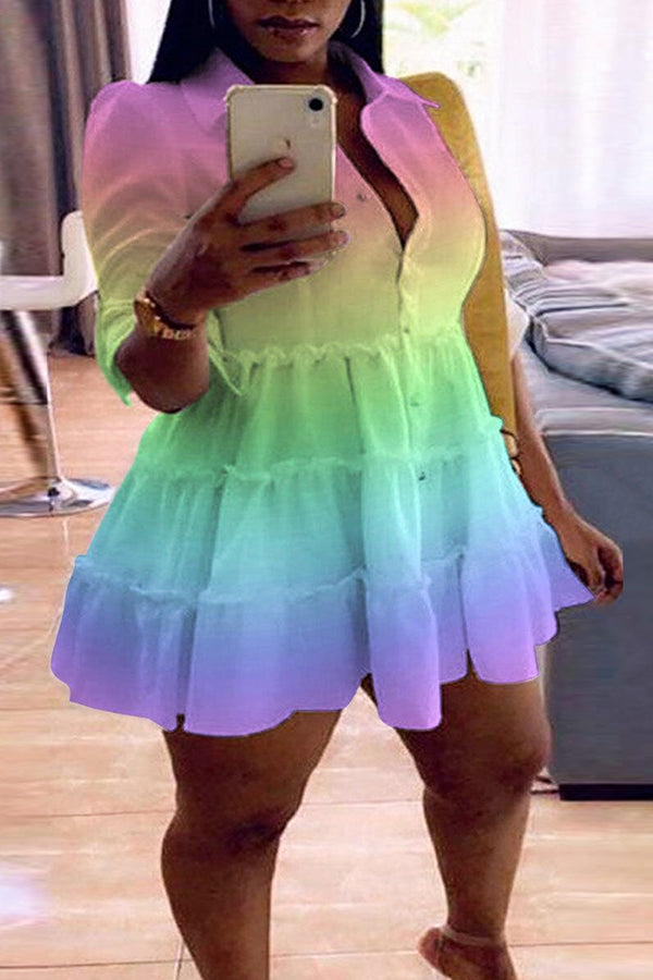 Plus Size Ombre Shirt Collar Button Tiered Mini Dress