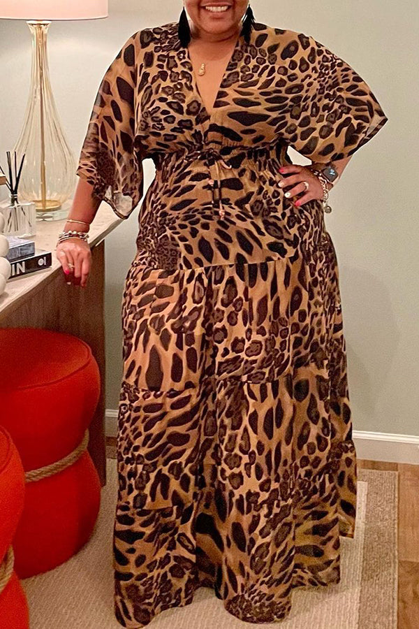 Plus Size Leopard V-neck Tiered Chiffon Maxi Dress