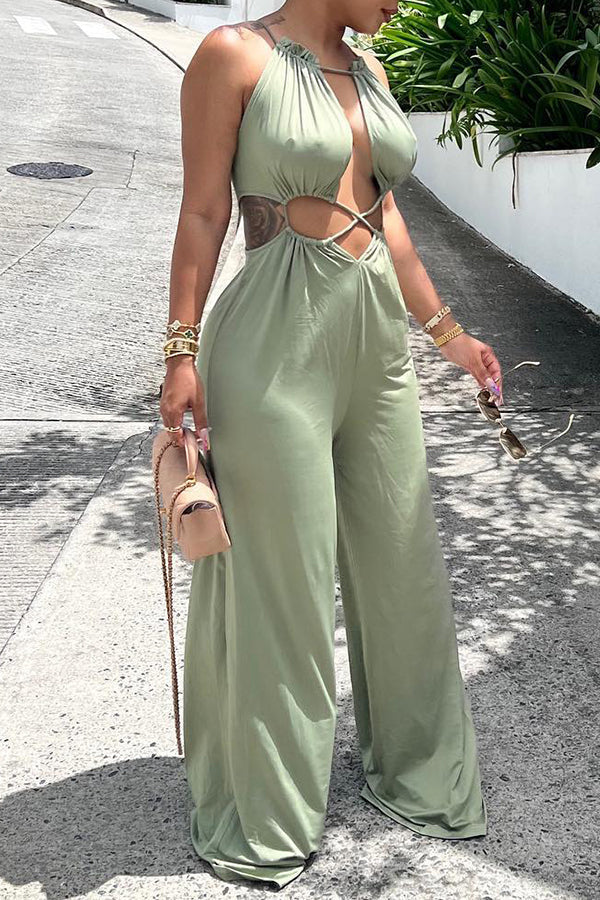 Sexy Halter Cutout Ruched Wide Leg Jumpsuit