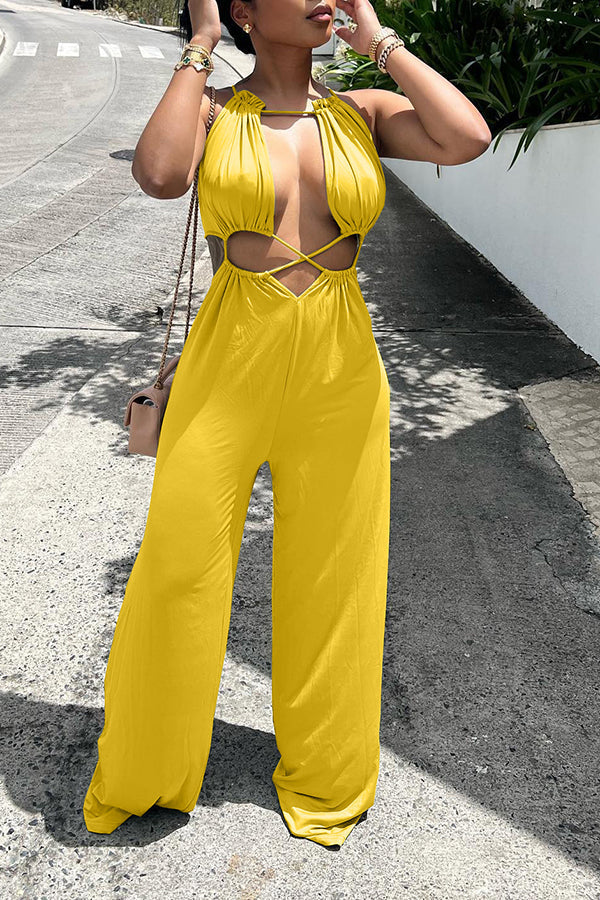 Sexy Halter Cutout Ruched Wide Leg Jumpsuit