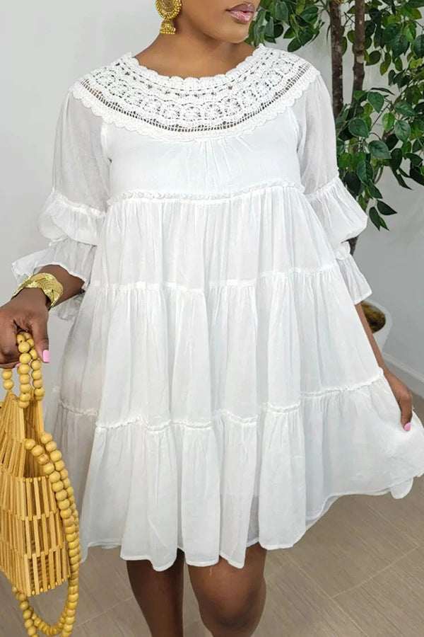 Elegant Lace Trim Neck Tiered Babydoll Mini Dress