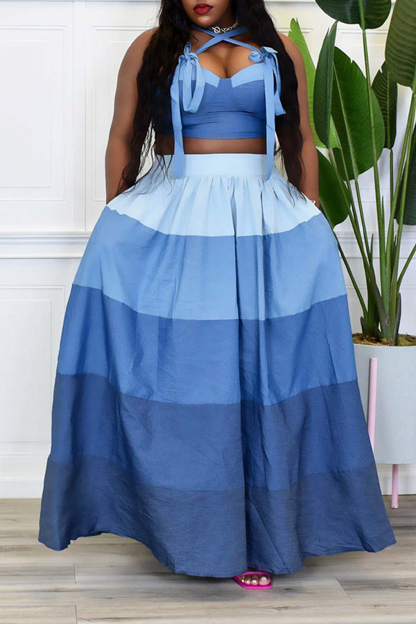 Plus Size Halter Top & Colorblock Tiered Long Skirt Set