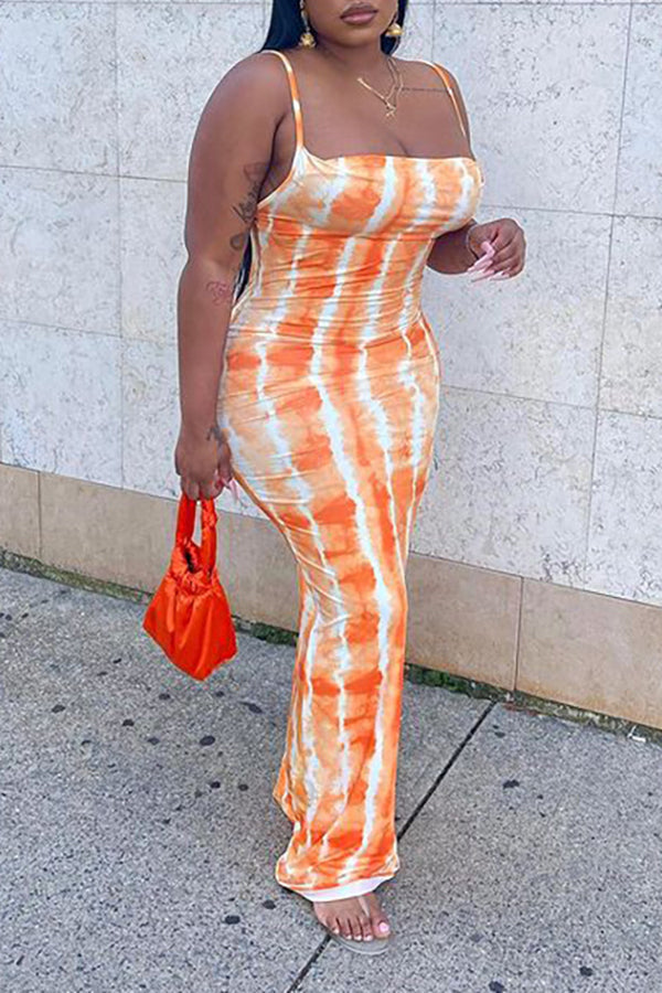 Street Fashion Tie Dye Striped  Spaghetti Straps Maxi Dress