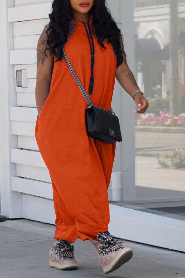 Casual Hooded Drawstring Sleeveless Baggy Jumpsuit