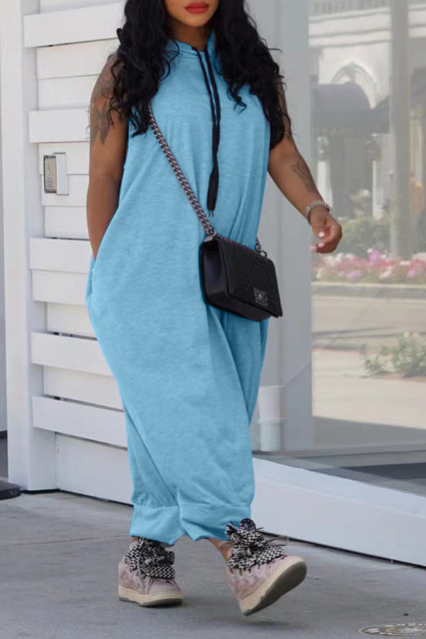 Casual Hooded Drawstring Sleeveless Baggy Jumpsuit