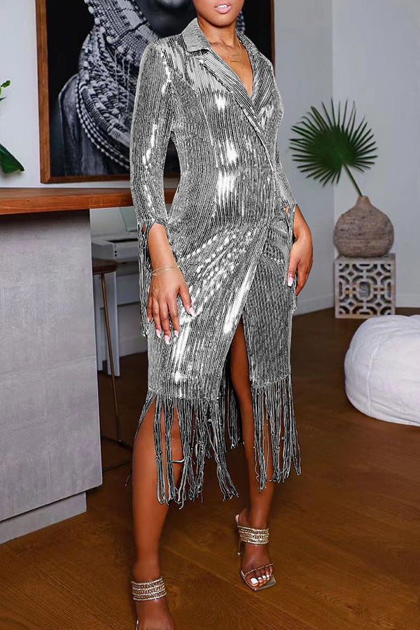 Stylish Sequin Tassel Detail Blazer Midi Dress