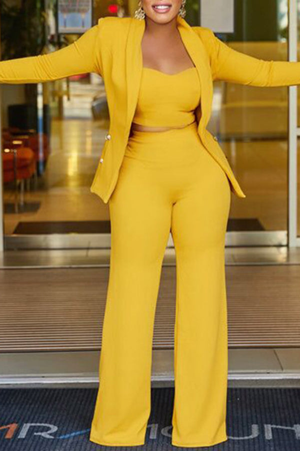 Feminine Solid Color Cami Blazer & Wide Leg Pants 3PC Suit