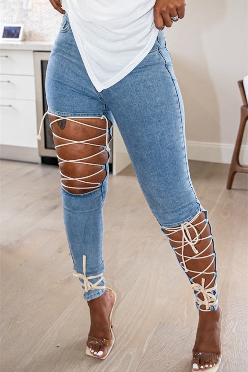 Plus Size Sexy Casual Solid Ripped Bandage Cut-out Legging Jeans - Fashionaviv