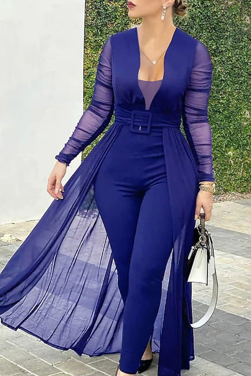 [Pre-Sale] Plus Size Solid Split Joint Mesh Long Sleeves Straight Jumpsuit (With Belt) - Fashionaviv-Jumpsuits + Rompers-[product_label]