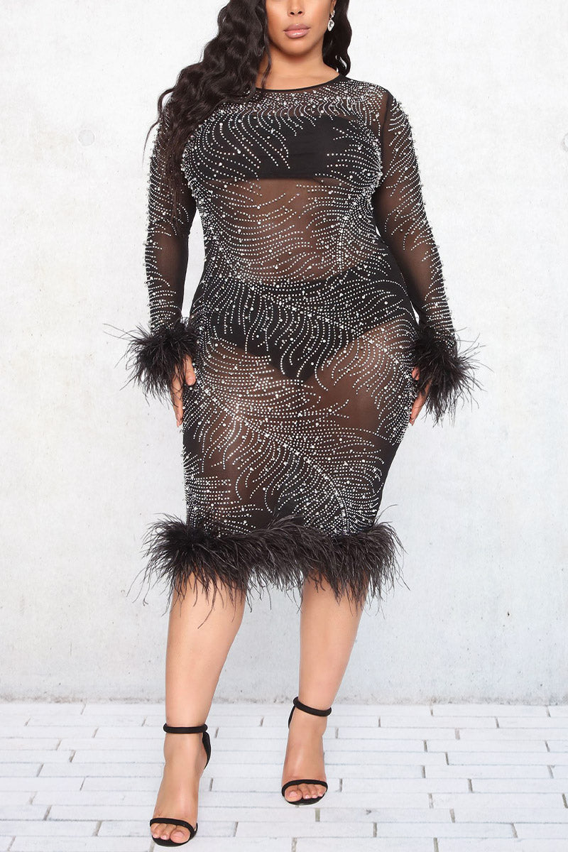 Plus Size Feather Sexy See Through Sequin Long Sleeve Bodycon Midi Dress