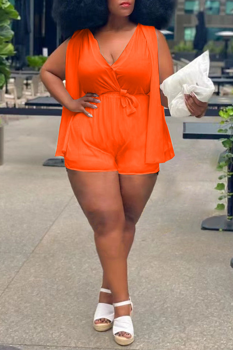 Plus Size Casual Solid V Neck Loose Rompers