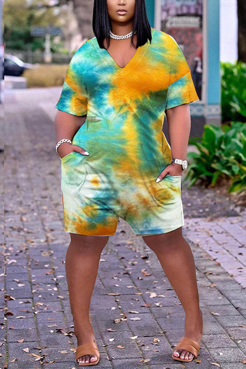 Plus Size Casual Tie Dye Print V Neck Short Sleeve Rompers