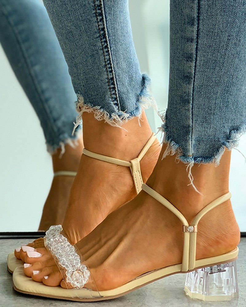 Square Toe Beaded Clear Perspex Chunky Heels
