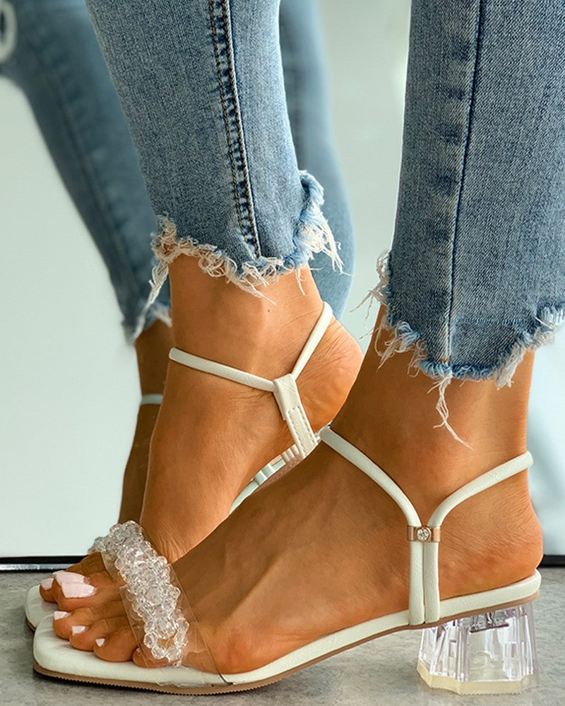 Square Toe Beaded Clear Perspex Chunky Heels