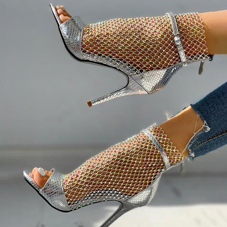 Fish Mouth Mesh Rhinestone Sequin High Heel Sandals Shoes