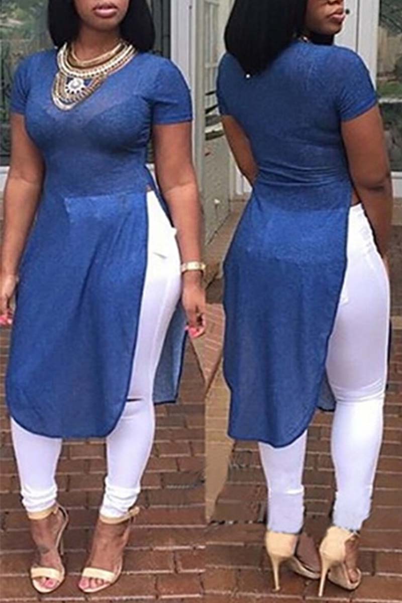 [Pre-Sale] Plus Size Casual Blue Vintage Side High Split Denim Midi Dress - Fashionaviv-Midi Dresses-[product_label]
