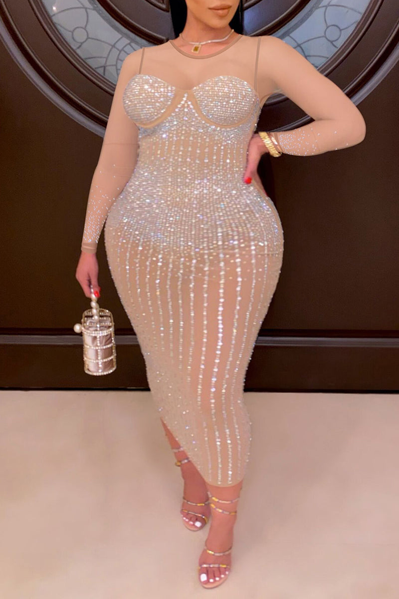 Plus Size Sequin Midi Dresses Sexy Patchwork Hot Drilling See-through O Neck Long Sleeve - Fashionaviv