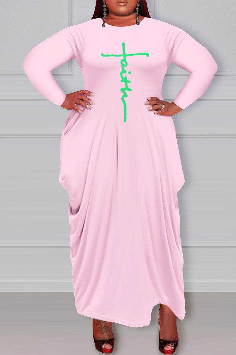 Plus Size Graphic Maxi Dresses Print Asymmetrical O Neck Long Sleeve - Fashionaviv