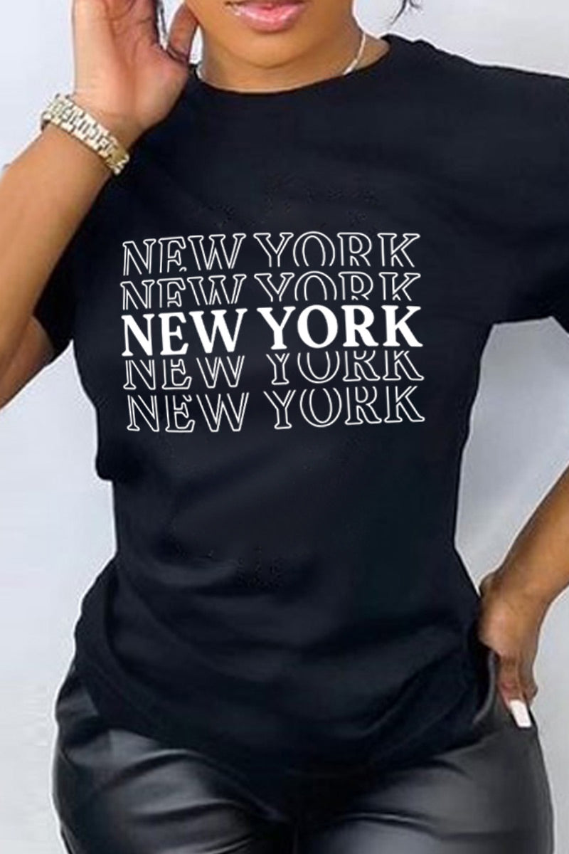 Plus Size Black New York Print Round Neck Short Sleeve T Shirt - Fashionaviv-T-shirts-[product_label]