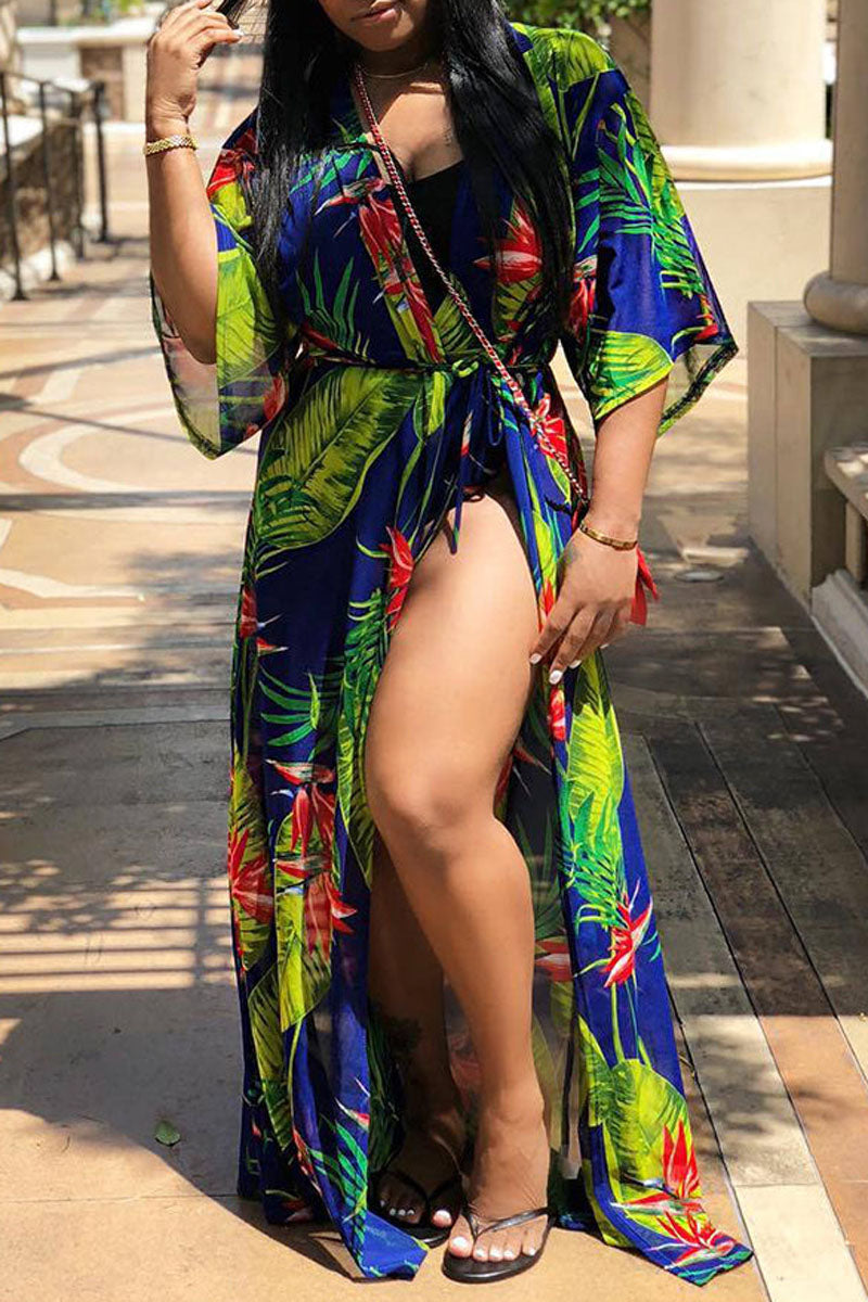 [Pre-Sale] Plus Size Casual Tropical Print Two Pieces Swimsuit Cover Up Set