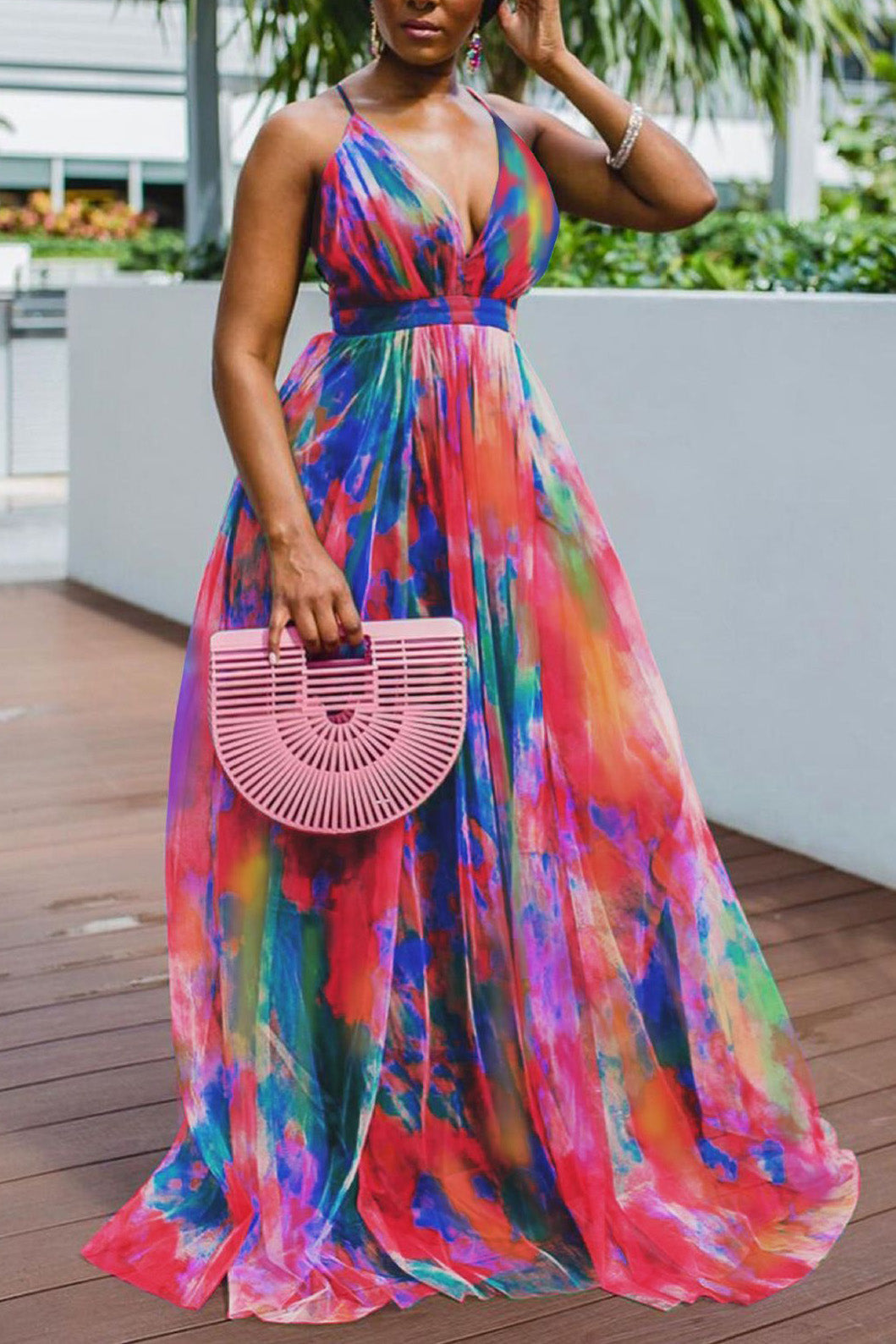 [Pre-Sale] Plus Size Tulle Dresses Sling V-neck Print Dress - Fashionaviv
