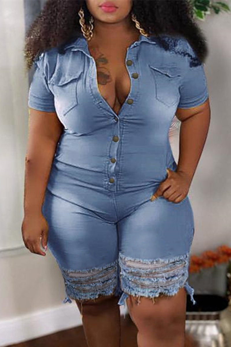 [Pre-Sale] Plus Size Casual Solid Ripped Denim Romper - Fashionaviv-Jumpsuits + Rompers-[product_label]