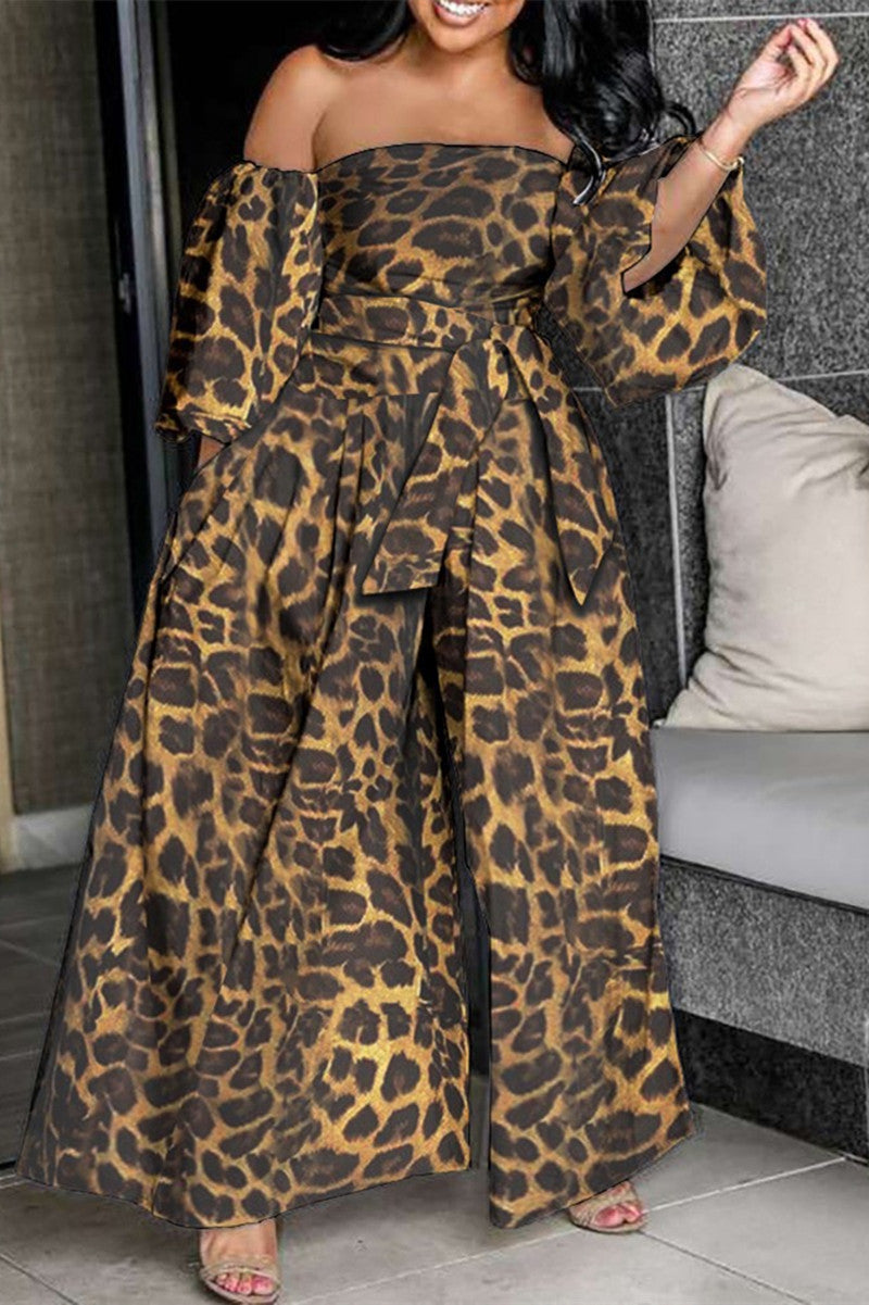 Plus Size All Over Print Backless Off the Shoulder Long Sleeve Jumpsuits - Fashionaviv