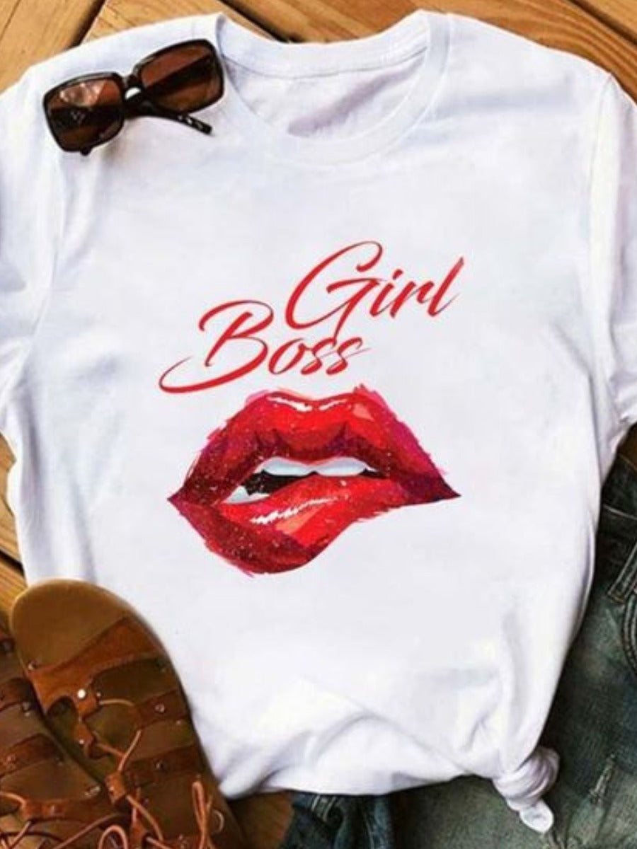 Plus Size Girl Boss Lip Print Round Neck Short Sleeve T Shirt