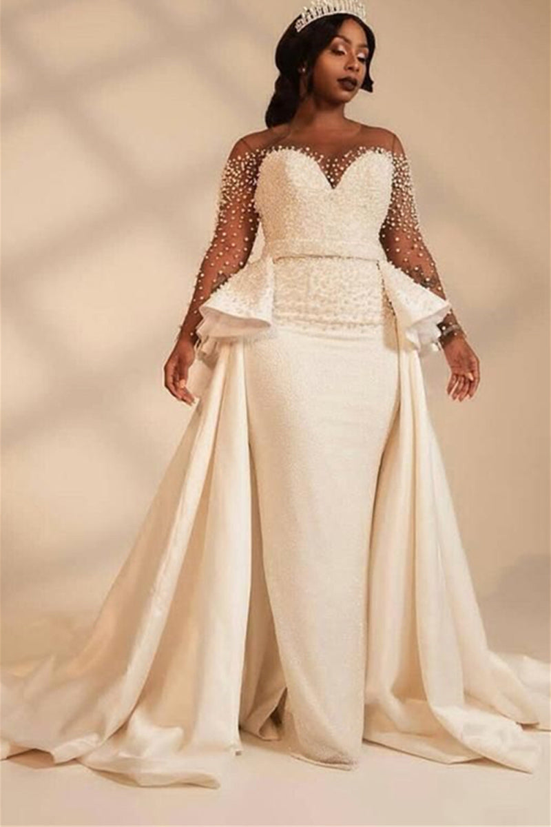[Pre-Sale] Plus Size Long Sleeve Mesh Pearls Sheer Tulle Overskirt Mermaid Bridal Maxi Dresses - Fashionaviv-Maxi Dresses-[product_label]