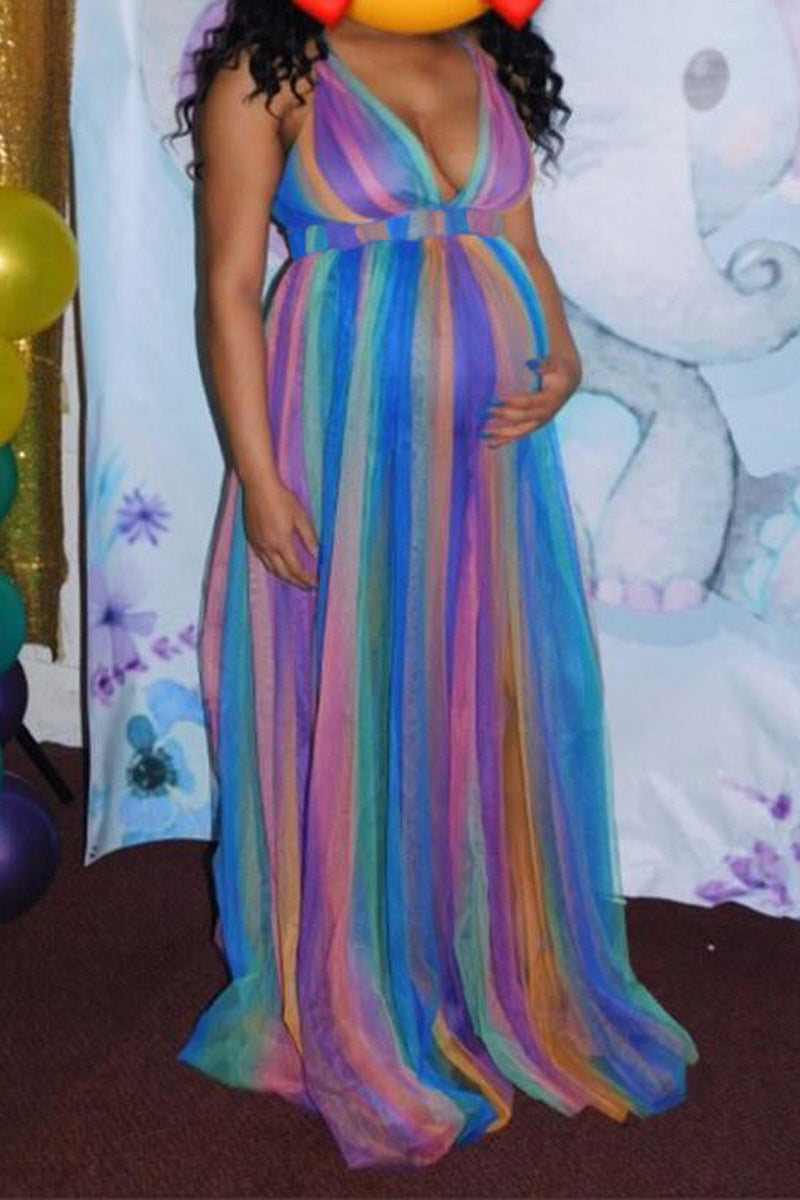 [Pre-Sale] Plus Size Casual Rainbow Sheer Sleeveless Maternity Maxi Dress - Fashionaviv-Maxi Dresses-[product_label]