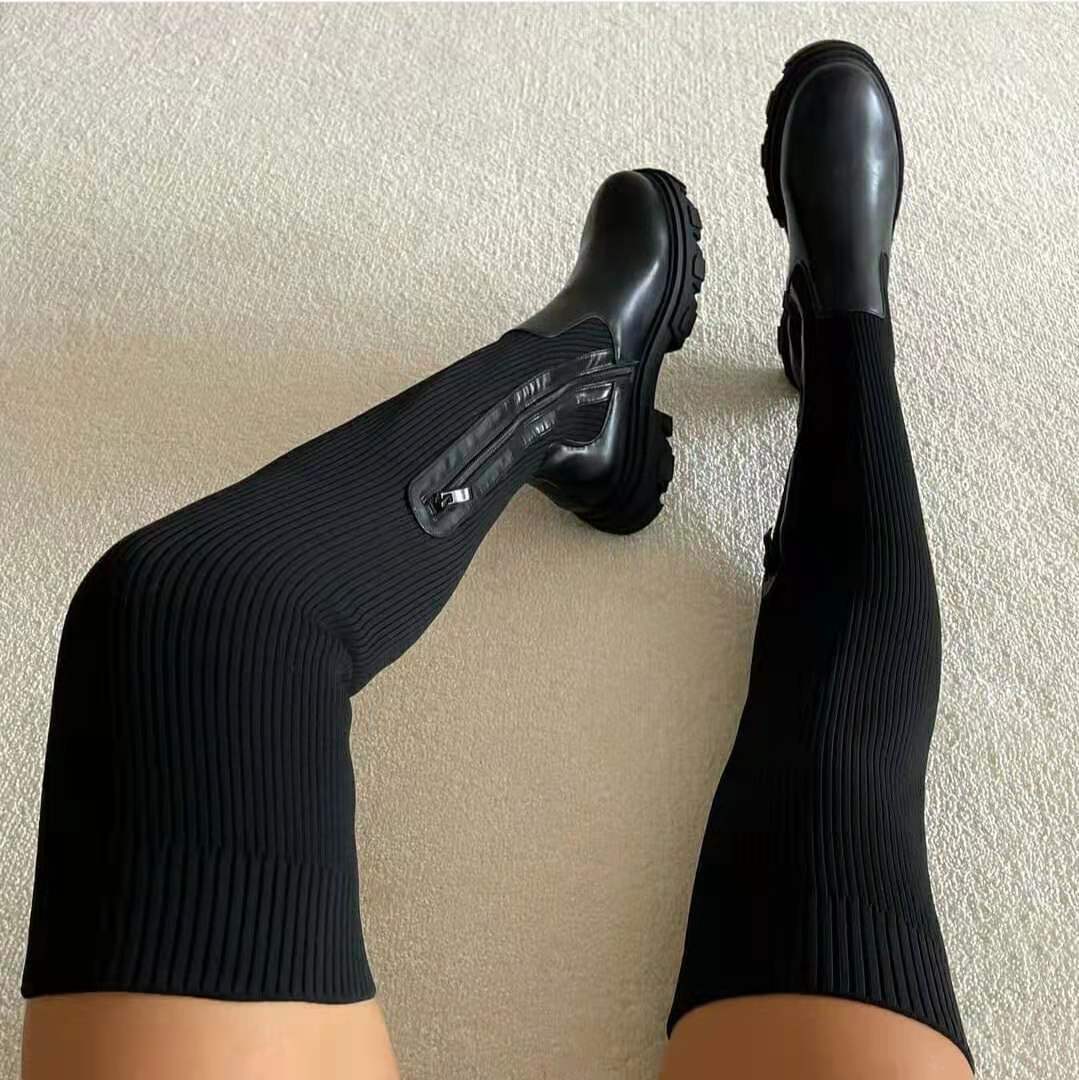 Platform Heels Round Head Leather Knit Stitching Over-the-knee Female Boots