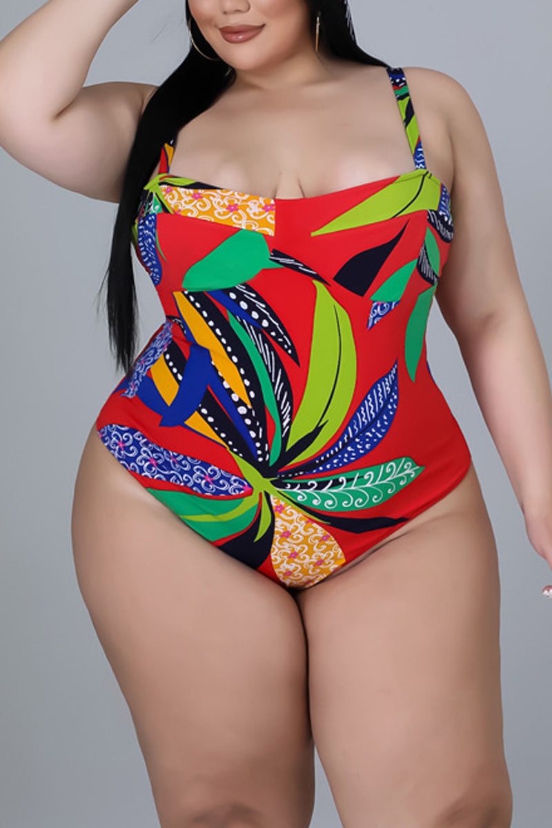 Plus Size Beach All Over Print Two Piece Set Swimsuit