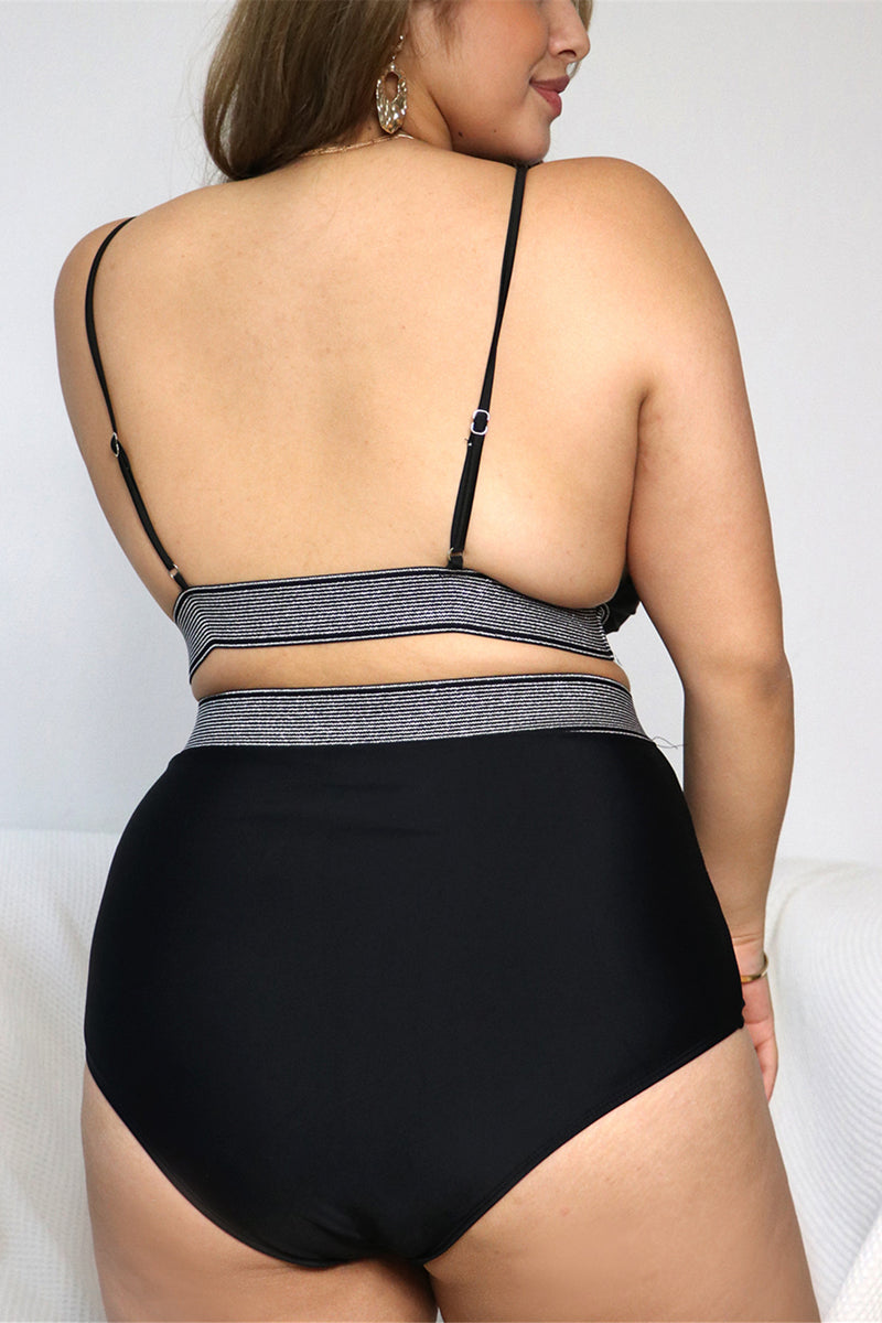 Plus Size Black High Waist Backless Two Pieces Set Bikini Swimsuit