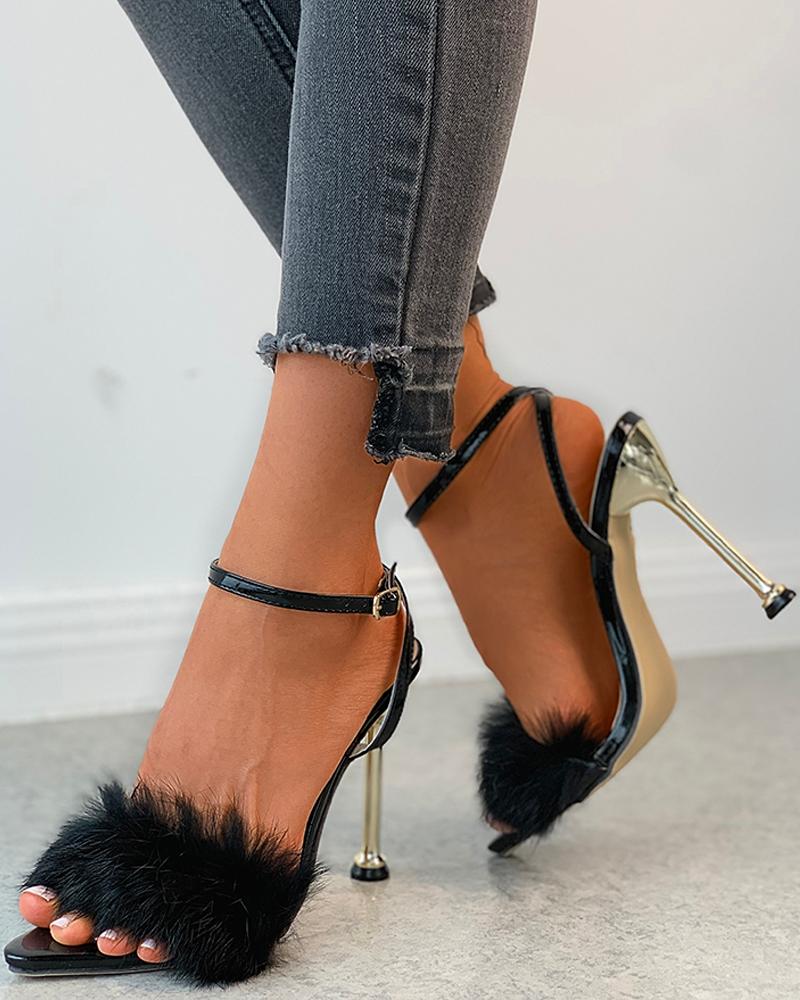 Fluffy Pointed Toe Heeled Sandals