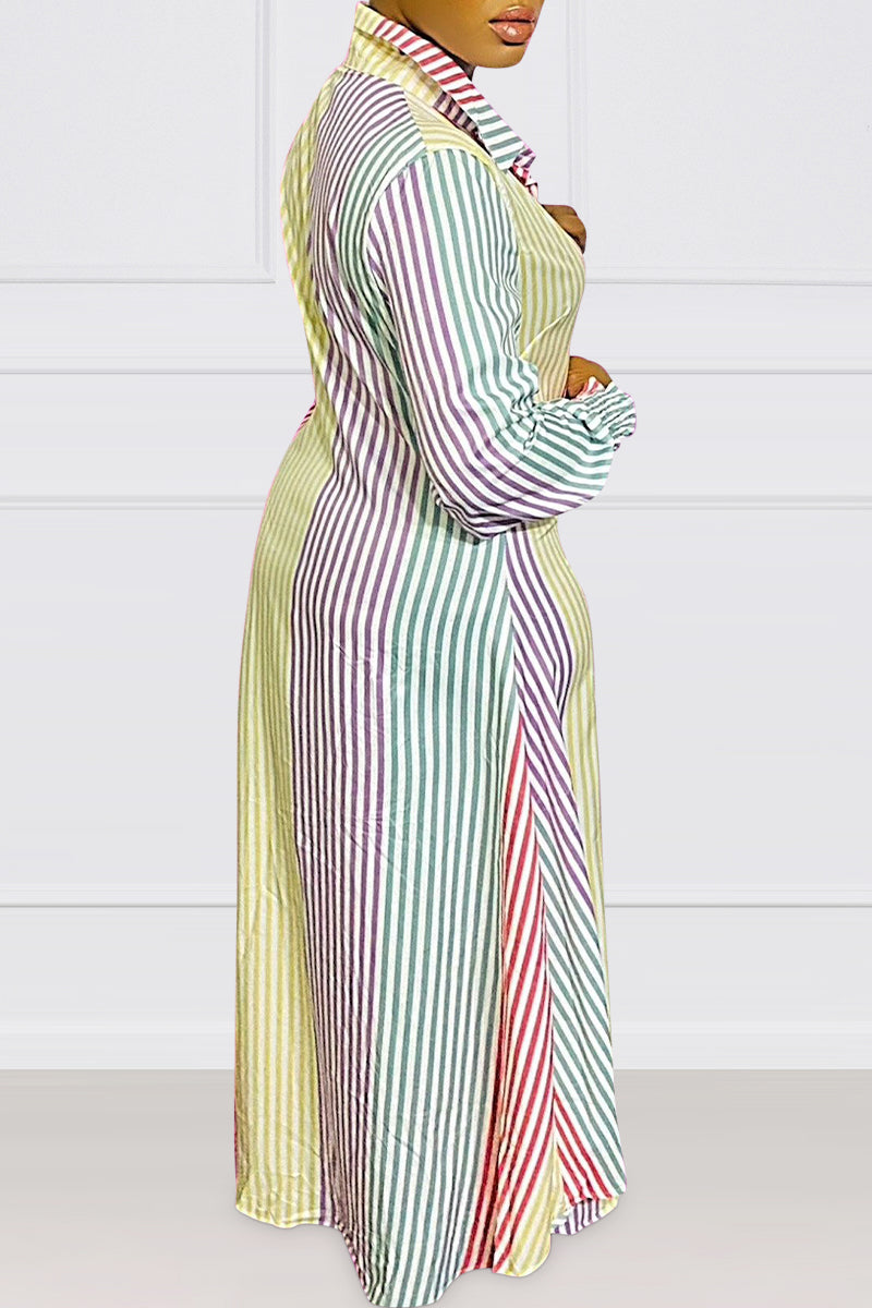 Plus Size All Over Print Maxi Dresses Striped Shirt