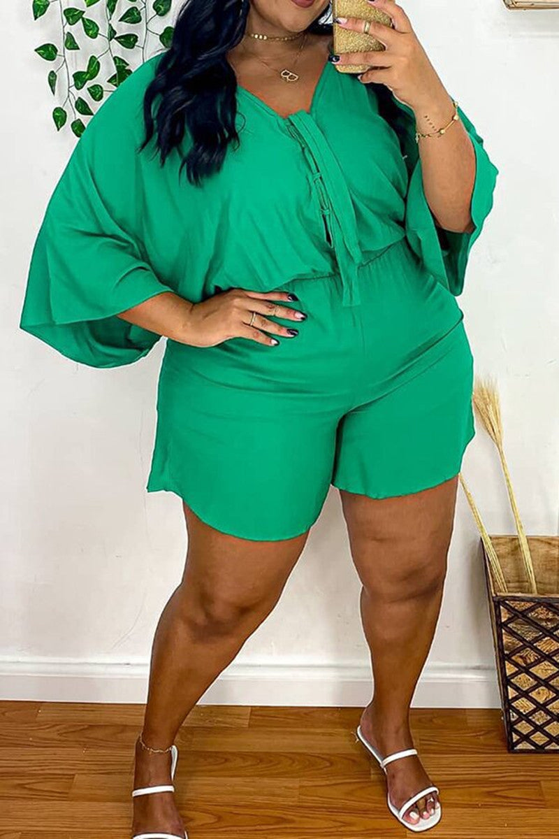 Plus Size  Casual Solid Basic V Neck Green Two Pieces