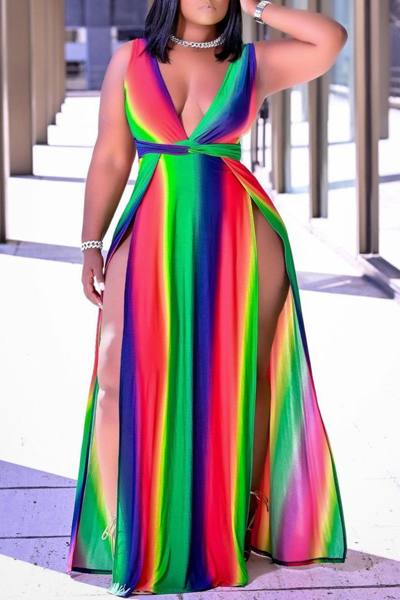 Plus Size Print High Opening Multicolor Maxi Dresses - Fashionaviv