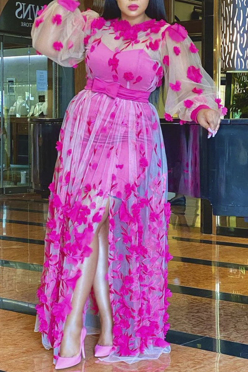 Plus Size Elegant Sheer Floral Print See-through Split Maxi Dress